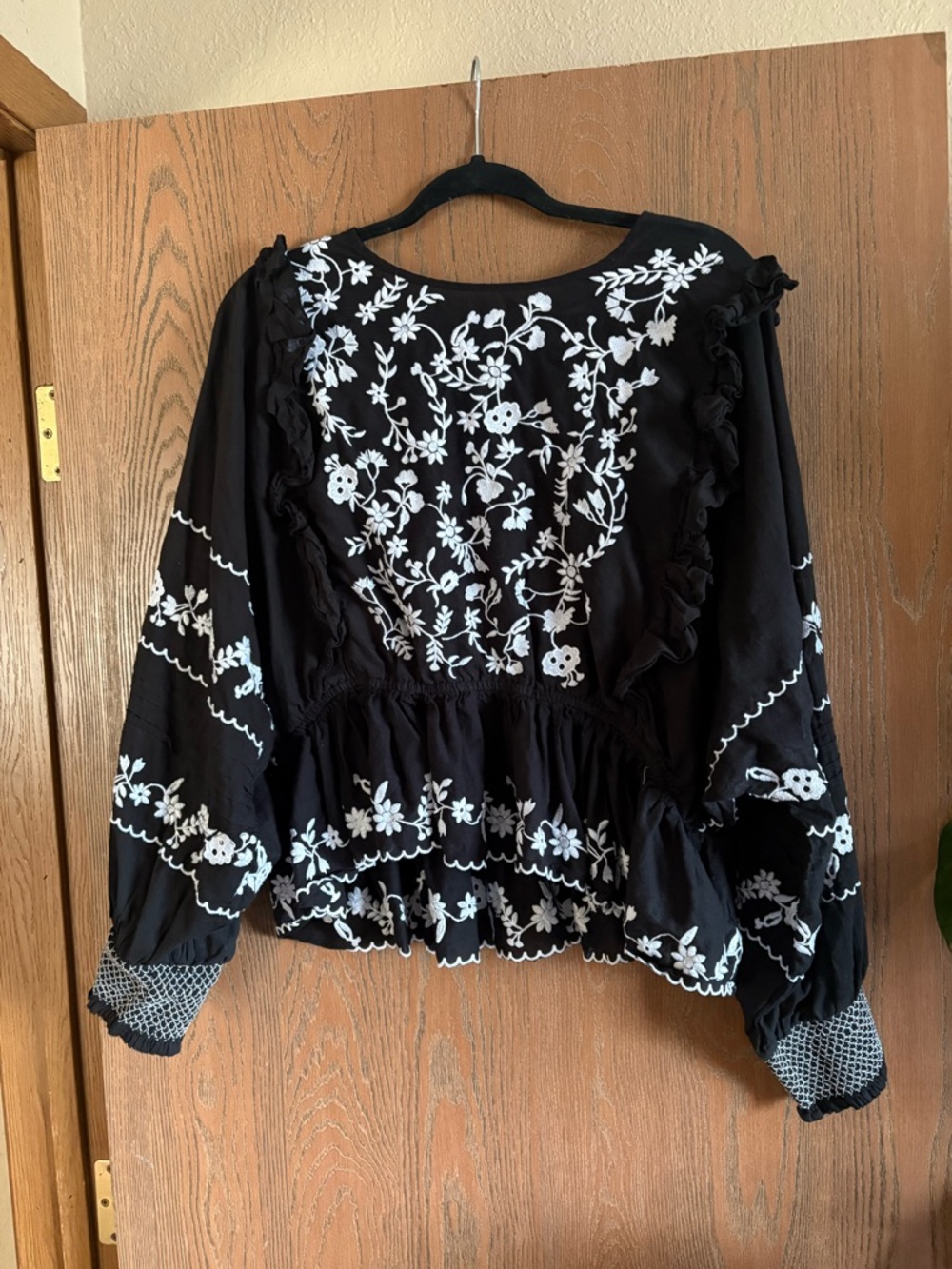 Embroidered Black Long-Sleeve Peasant Blouse